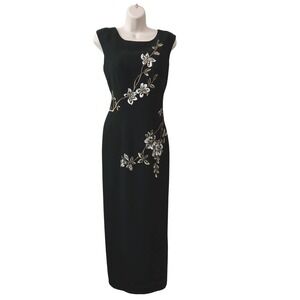 Vintage 90s Y2K Maggy London Asian Inspired Embroidered Maxi Sheath Dress Sz 6